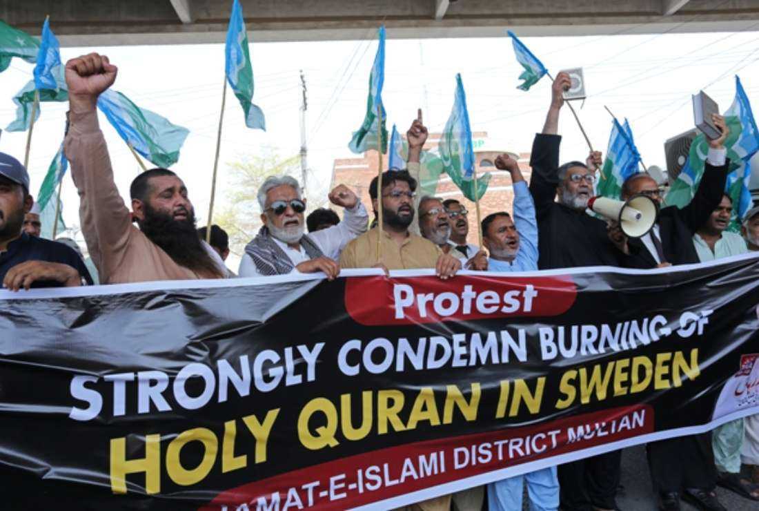 Activists of the right-wing religious Jamaat-e-Islami (JI) party shout anti-Sweden slogans during a demonstration in Multan, Pakistan on July 3 as they protest against the burning of the Koran outside a Stockholm mosque that outraged Muslims around the world