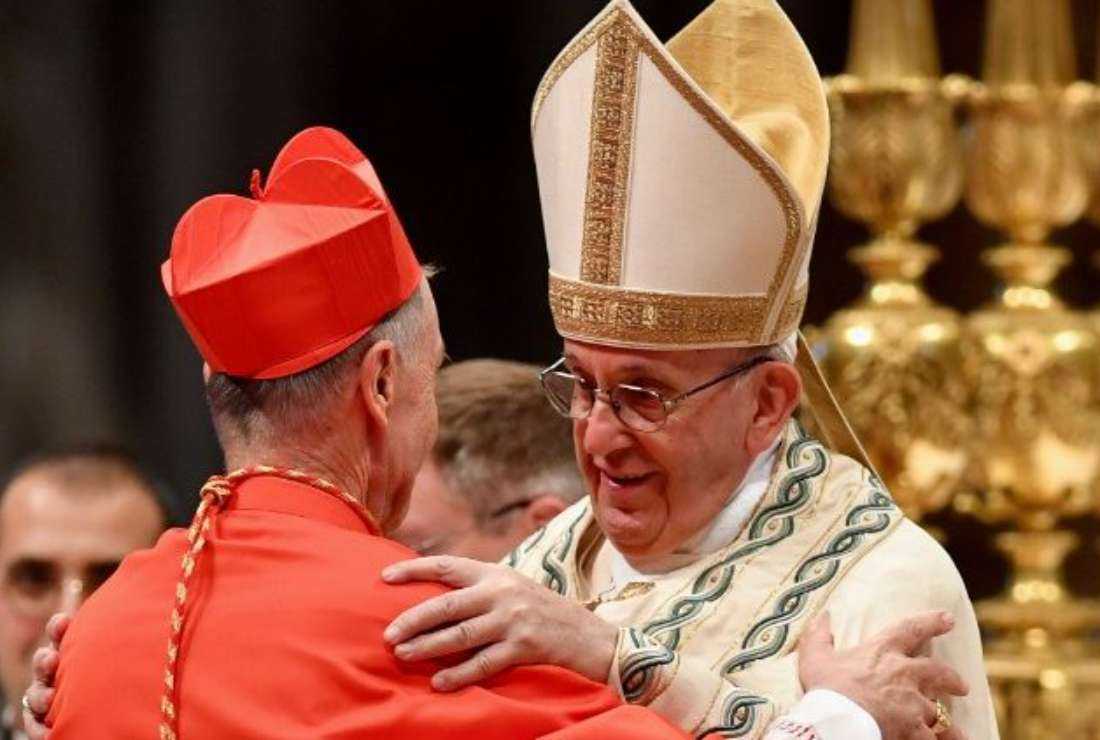 Pope Francis embracing a cardinal at a recent consistory