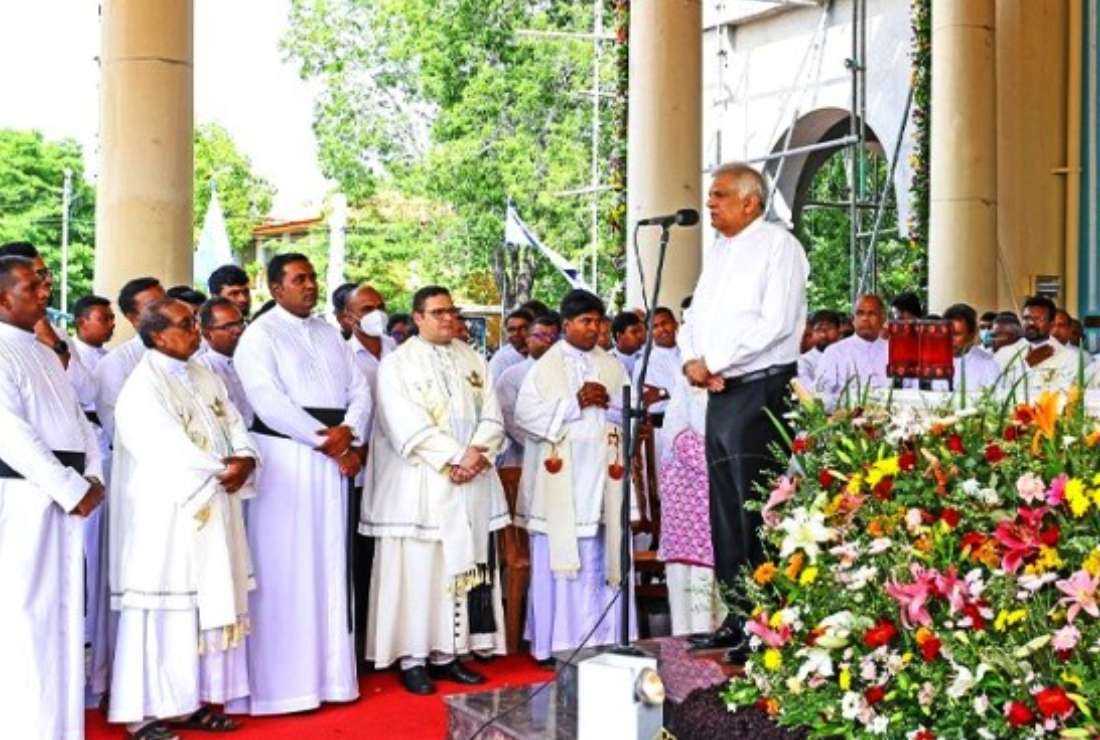 President Ranil Wickremesinghe addressing Catholic bishops, priests, and nuns after the Eucharistic celebrations at Our Lady Church in Mannar district of Sri Lanka on Aug. 15