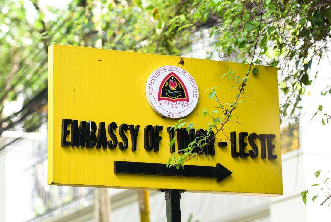 This picture taken on Aug. 27 shows a sign near the entrance of the embassy of East Timor in Yangon