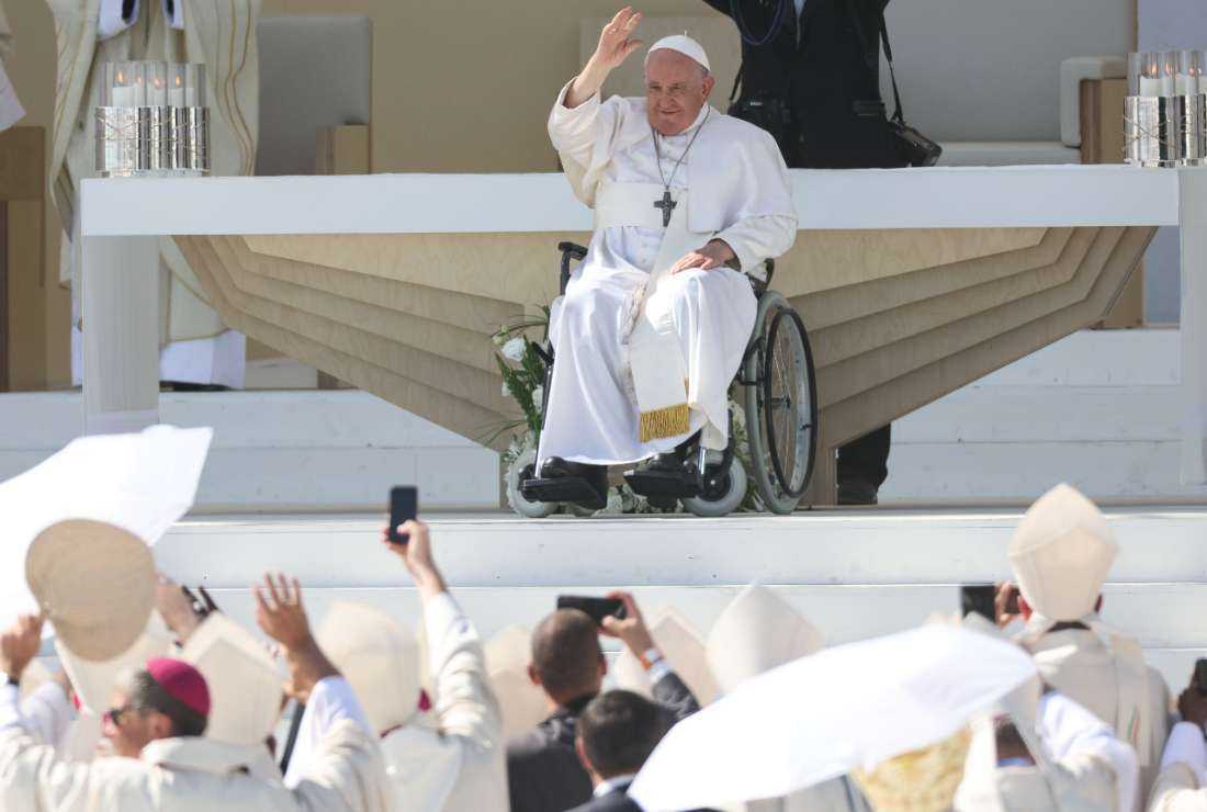 Pope Francis waves after celebrating the closing mass of the World Youth Days (WYD) in Tejo Park, Lisbon, on Aug. 6