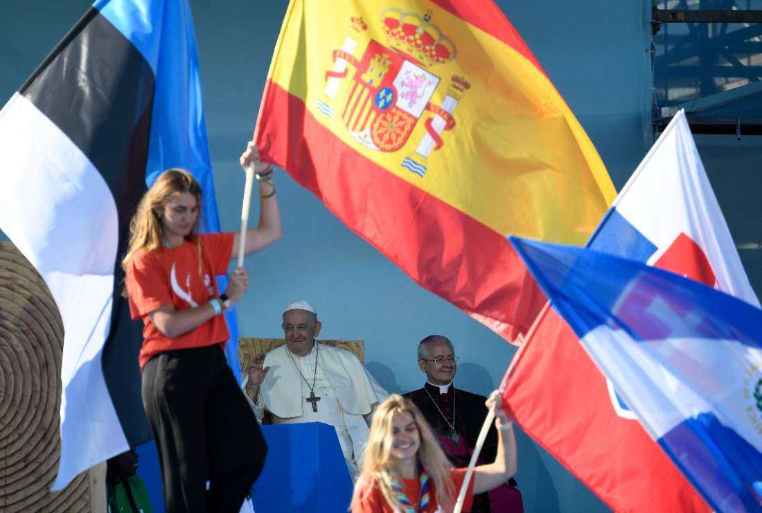 Pope Francis attends the welcoming ceremony of World Youth Day (WYD) gathering of young Catholics, at Eduardo VII Park in Lisbon on Aug. 3