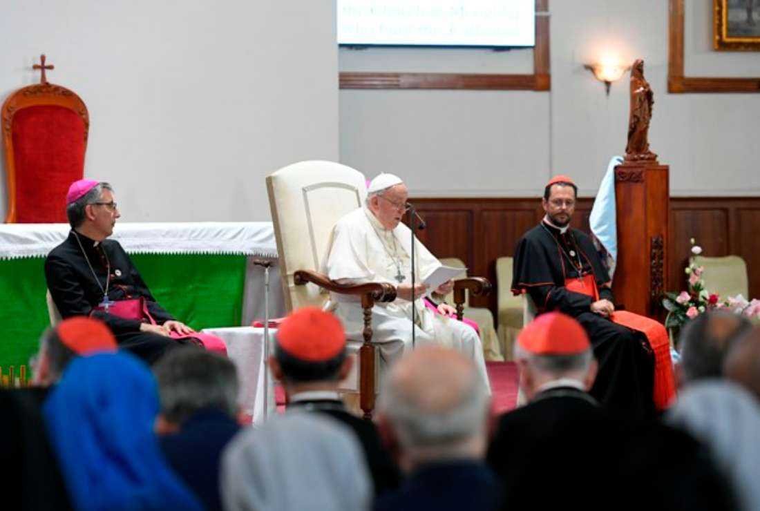 This handout photo taken and released by Vatican Media on Sept. 2 shows Pope Francis presiding over a meeting with bishops, priests, missionaries, consecrated persons and pastoral workers at the Saints Peter and Paul Cathedral in Ulaanbaatar