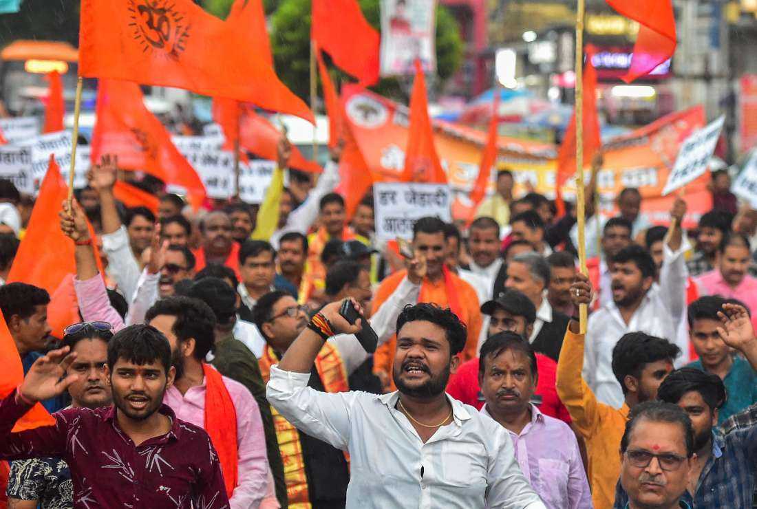 Activists and supporters of the pro-Hindu Bharatiya Janata Party take part in a demonstration in Haryana state on Aug. 2.  Eleven Indian states, most of them ruled by the pro-Hindu party, have enacted a sweeping anti-conversion law