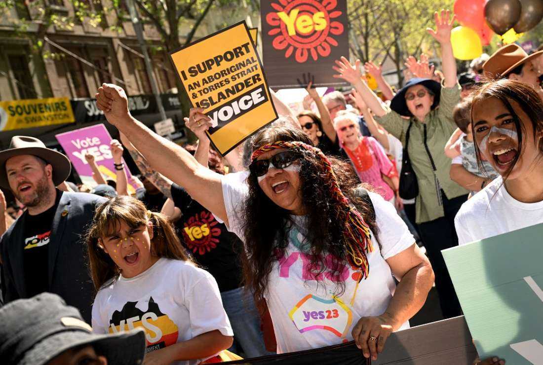 Crowds march during a 'Walk for Yes' rally in Melbourne on Sept 17. Thousands joined 'Walk for Yes' events in major cities, ahead of a referendum that could grant indigenous Australians a constitutionally enshrined right to be consulted on policies that affect them — a 'Voice to Parliament'