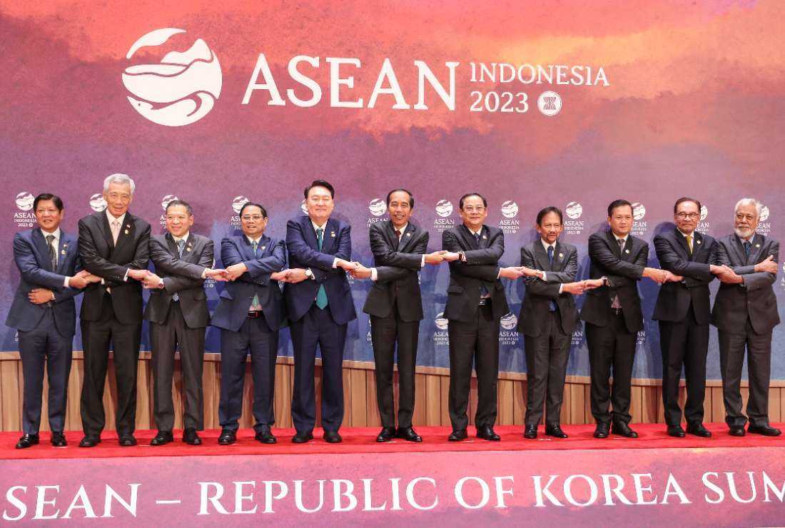 Southeast Asian leaders pose for a group photo prior to the ASEAN-South Korea Summit at the 43rd ASEAN Summit in Jakarta on Sept. 6