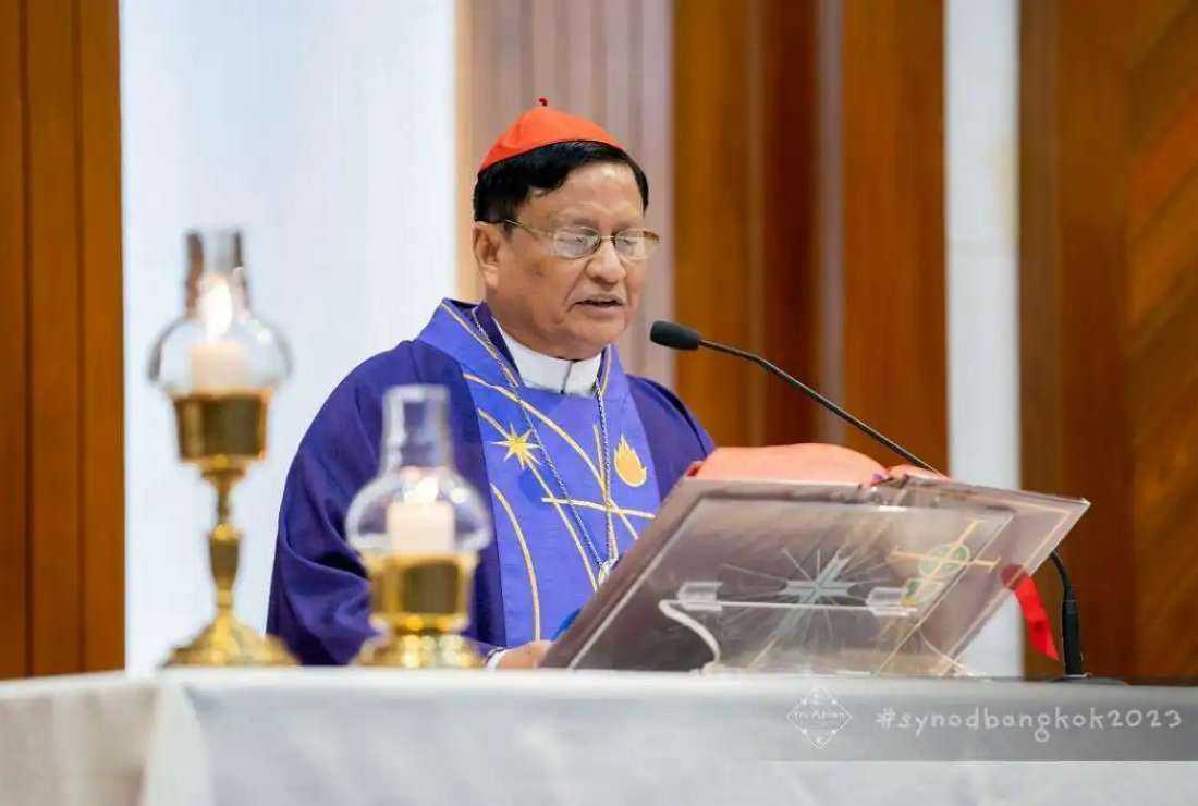 Cardinal Charles Bo of Yangon, president of the Federation of Asian Bishops’ Conferences (FABC) speaks at the closing Mass of the Asian Continental Assembly on Synodality at the Baan Phu Waan (The Sower’s House) Pastoral Training Centre of Bangkok archdiocese on Feb. 26, 2023