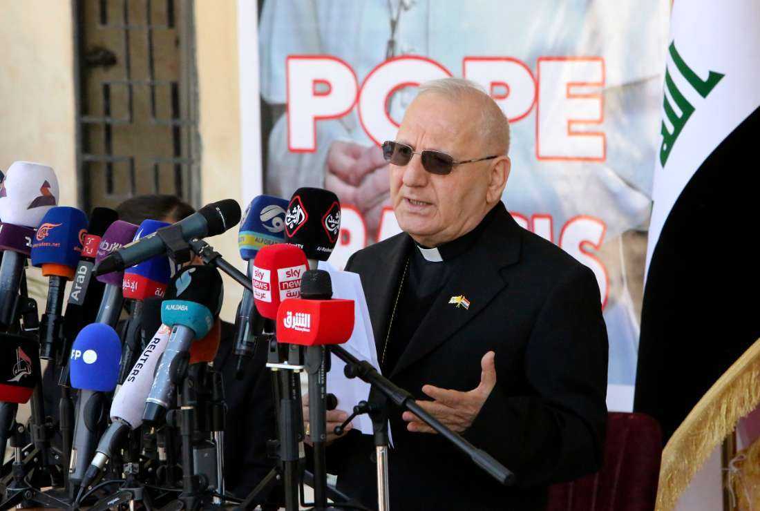 Cardinal Louis Sako, the head of Iraq's Chaldean Catholic Church, addresses a press conference at Baghdad's St. Joseph church on March 3, 2021