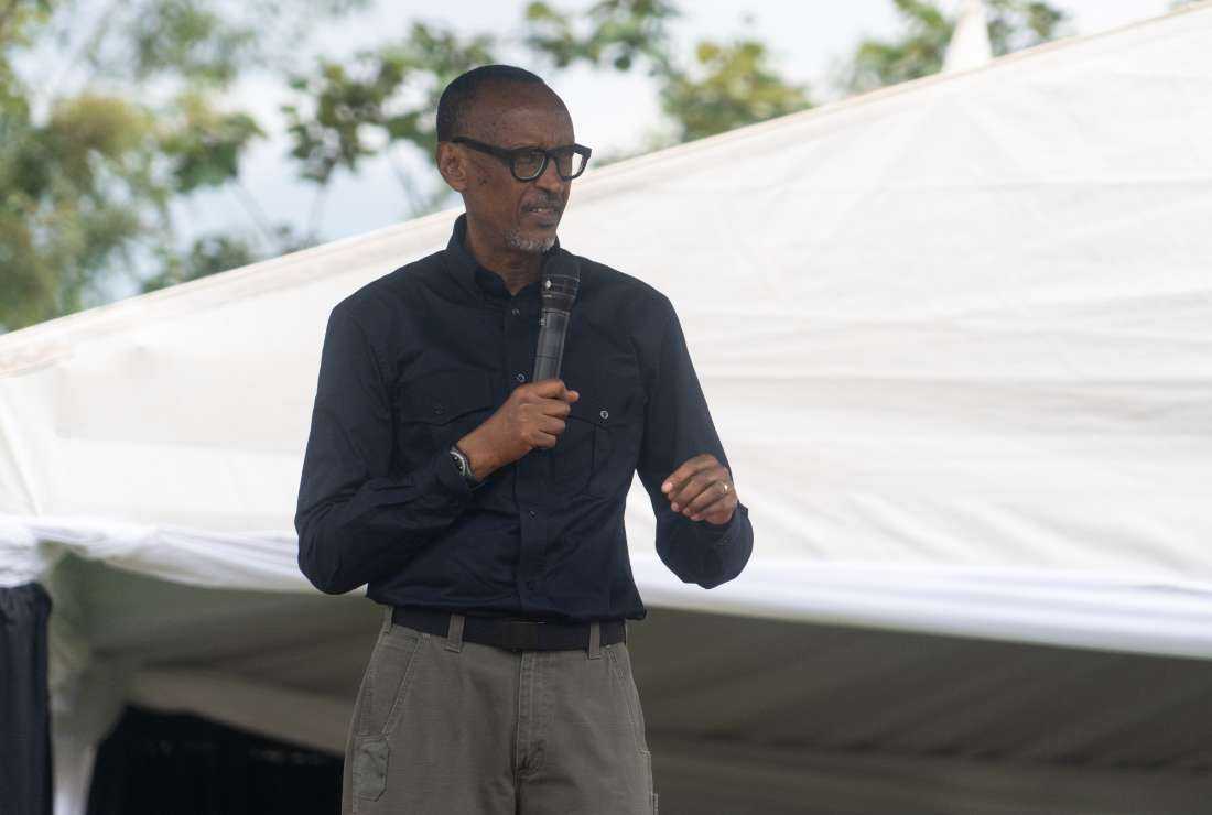 Rwandan President Paul Kagame speaks to people displaced by floods at the Inyemeramihigo internally displaced person (IDP) camp in the Rubavu area on May 12