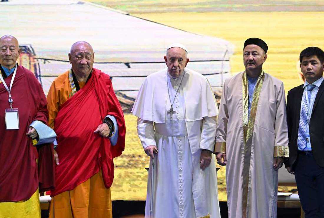 Pope Francis (C) attends an Ecumenical and interreligious meeting in Ulaanbaatar on September 3, 2023. Pope Francis will show support for interfaith dialogue during his final full day in the Mongolian capital of Ulaanbaatar, a visit that has seen him seek to build bridges with China