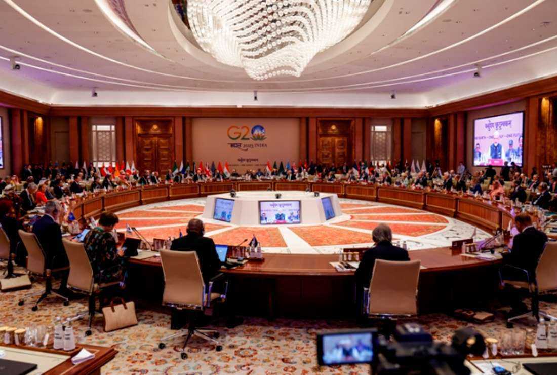 India's Prime Minister Narendra Modi (center) addresses the G20 Leaders' Summit at the Bharat Mandapam in New Delhi on Sept. 9