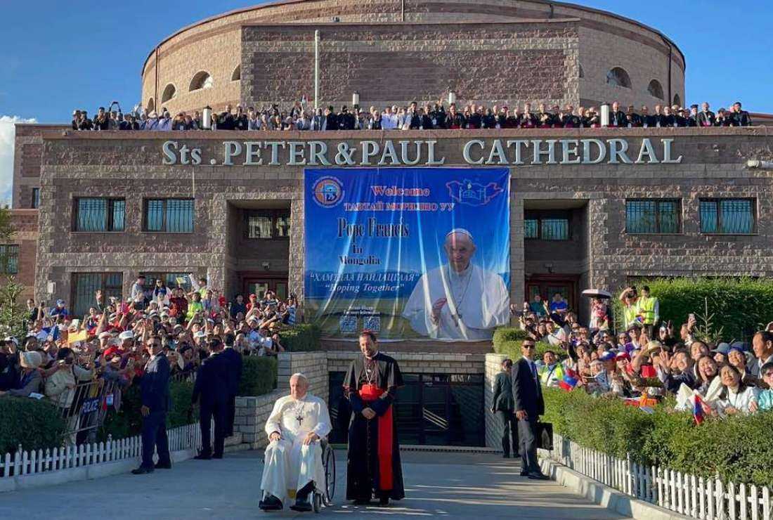 Pope Francis departs the Saints Peter and Paul Cathedral following his meeting with bishops, priests, missionaries, consecrated persons and pastoral workers in Ulaanbaatar on Sept. 2