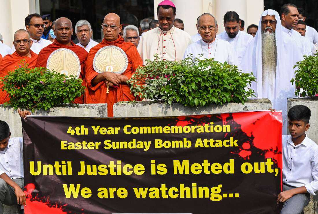 Nuncio Archbishop Brian Udaigwe and Cardinal Malcolm Ranjith take part in a demonstration on the fourth anniversary of the Easter Sunday bombings in Colombo, Sri Lanka, on April 21. 