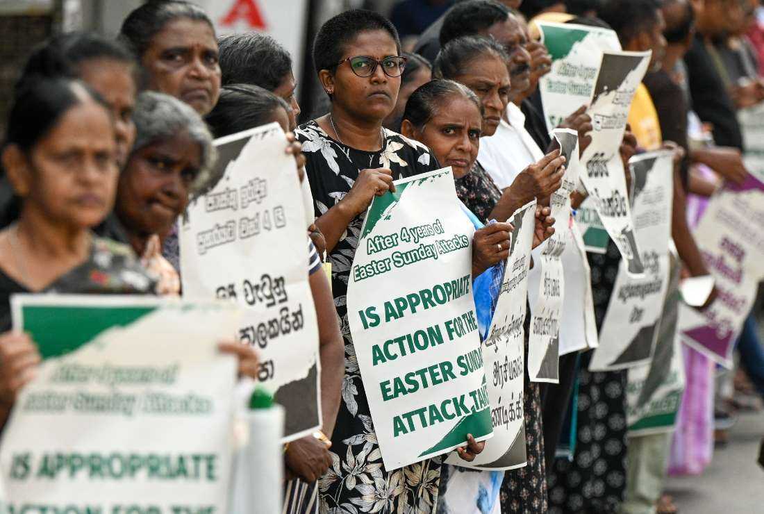 Sri Lankans demonstrate on the fourth anniversary of the Easter Sunday bombings outside St. Anthony's Shrine, one of the places hit in the bombings, in Colombo on April 21. Eight bombs went off in luxury hotels and three historical churches across Colombo in 2019.