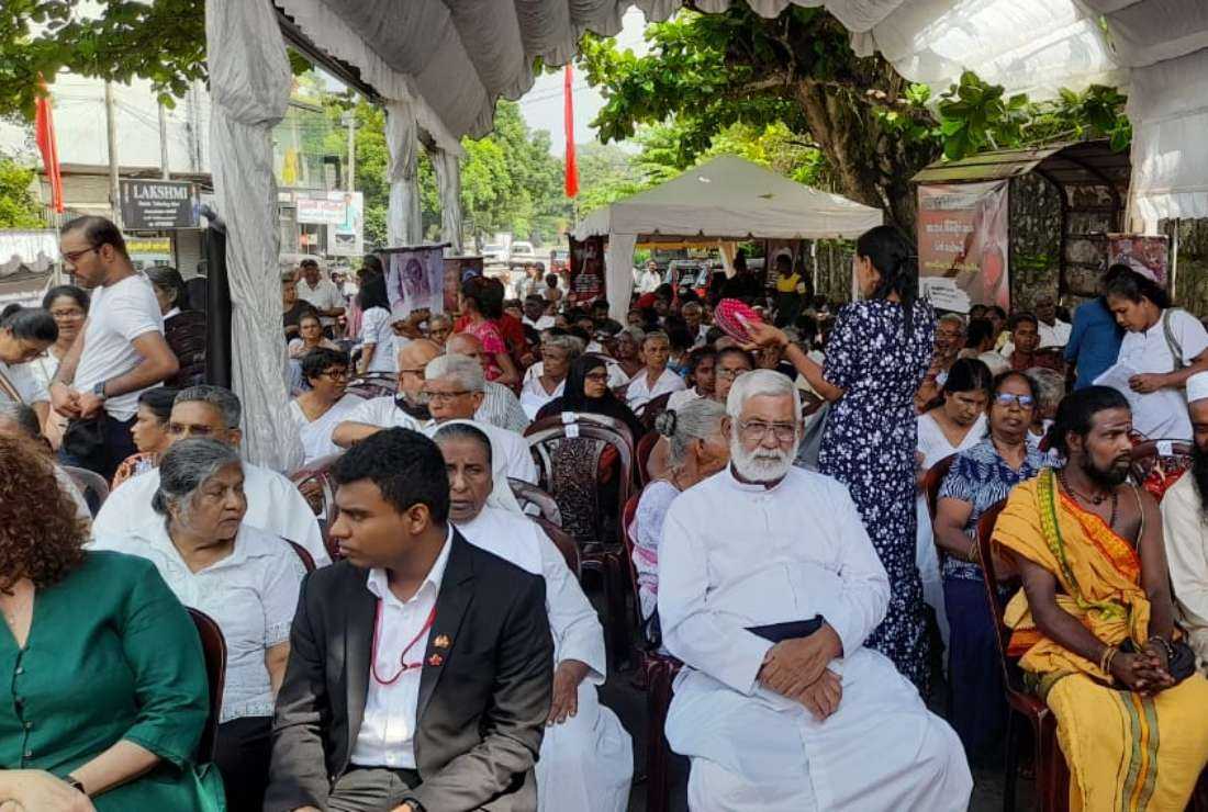 Religious leaders and family members seek justice for missing persons during a street protest in western Seeduwa on Oct. 27.