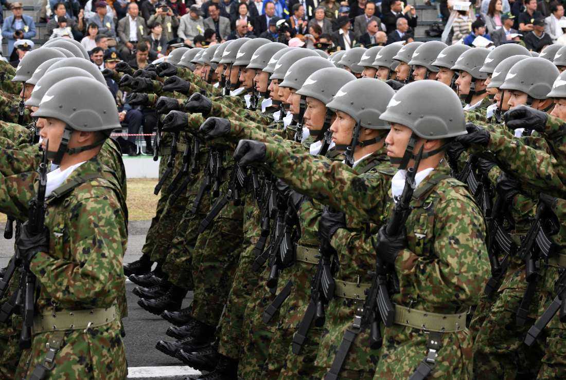 Soldiers from the Japan Ground Self-Defense Force taking part in a military review at the Ground Self-Defence Force's Asaka training ground in Asaka, Saitama prefecture, on Oct. 14, 2018.