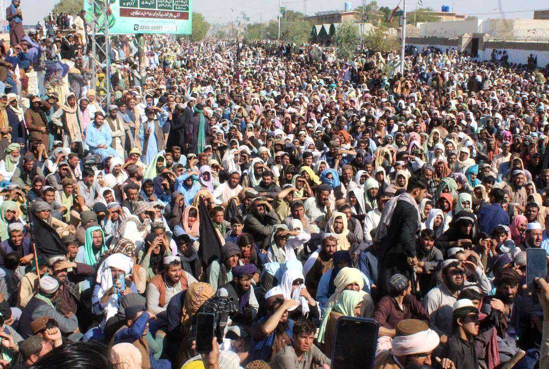 Pakistani residents and traders demonstrate against the new immigration policy, near Afghanistan-Pakistan border at Chaman district in Balochistan on Oct. 26.