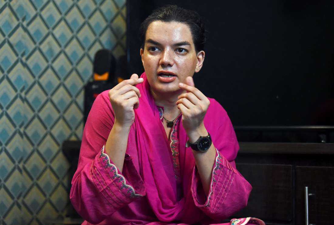 In this picture taken on Sept. 20, influencer and doctor Mehrub Moiz Awan speaks during an interview with AFP in Karachi 