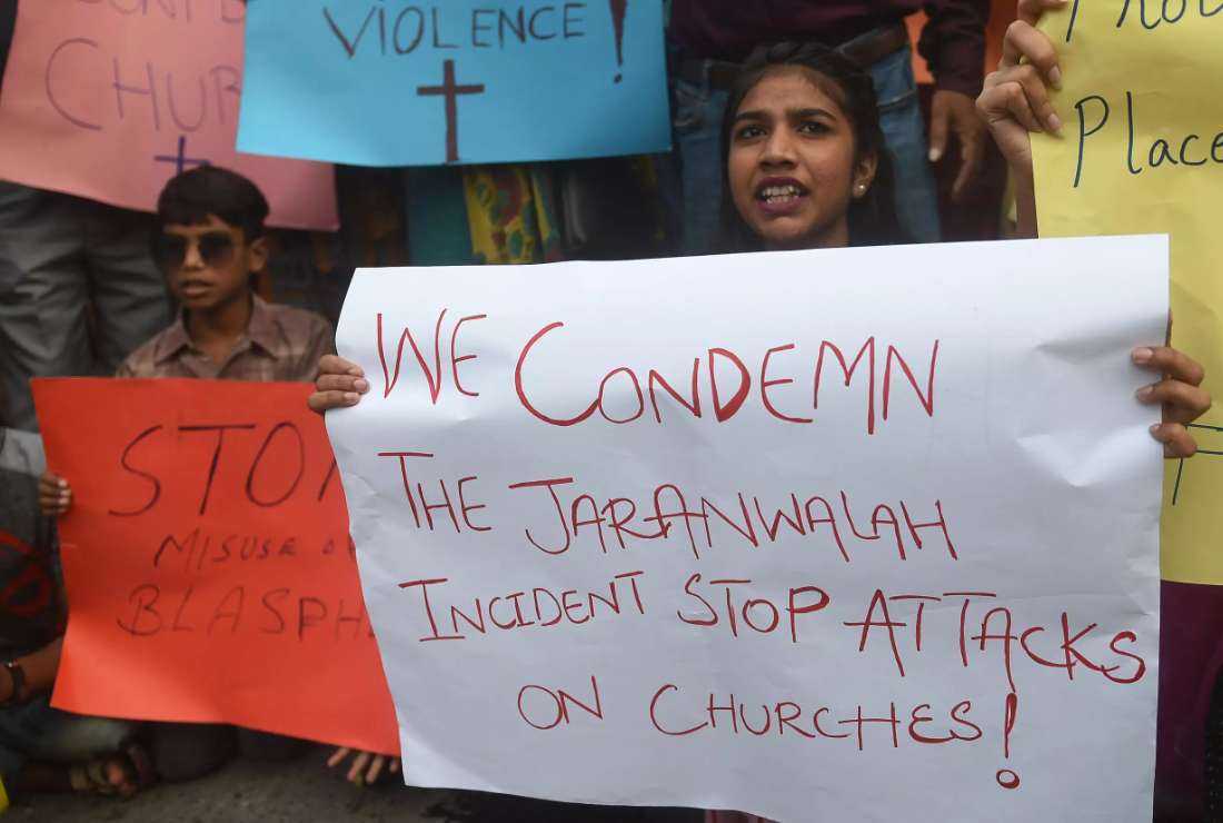 Christians protest following a Muslim mob attack on churches and Christian homes in Jaranwala, in Pakistan’s Punjab province in August. Christians who occupy one of the lowest rungs in Pakistani society, are frequently targeted with spurious and unfounded blasphemy allegations