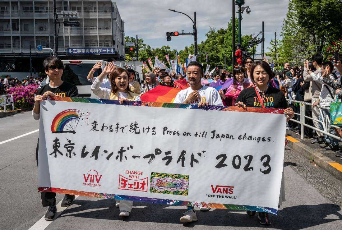 People attend the Tokyo Rainbow Pride 2023 Parade in Tokyo on April 23 to show support for members of the LGBT community.