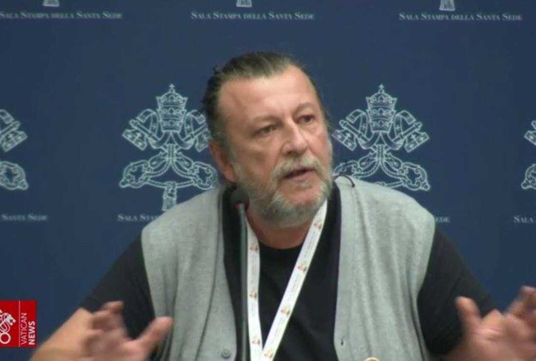 Luca Casarini, a special synod guest from the aid organization Mediterranea Saving Humans, speaks during a briefing about the assembly of the Synod of Bishops at the Vatican on Oct. 11
