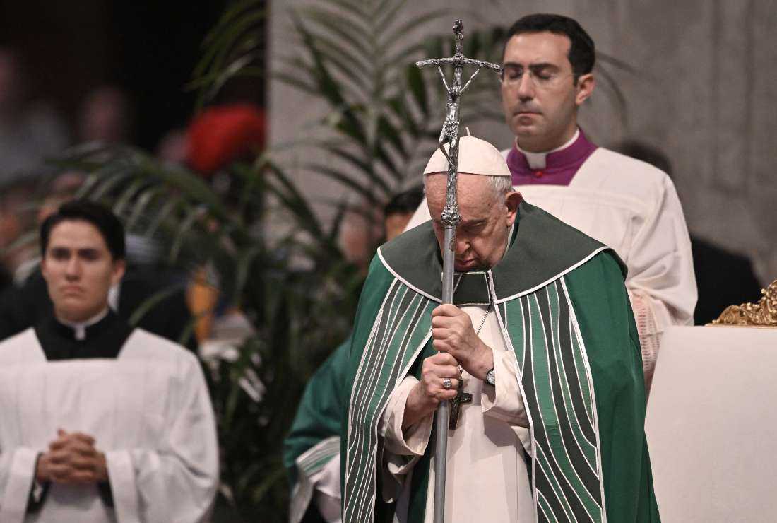Pope Francis leads a mass for the closing of the 16th general assembly of the synod of bishops, in St. Peter's basilica on October 29, 2023 in The Vatican. 