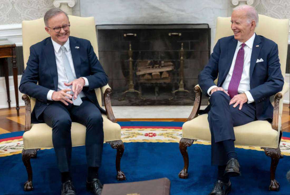 U.S. President Joe Biden, right, shares a light moment with Australian Prime Minister Anthony Albanese, left, during a bilateral meeting in the Oval Office of the White House, on Oct 25, 2023 in Washington, D.C.