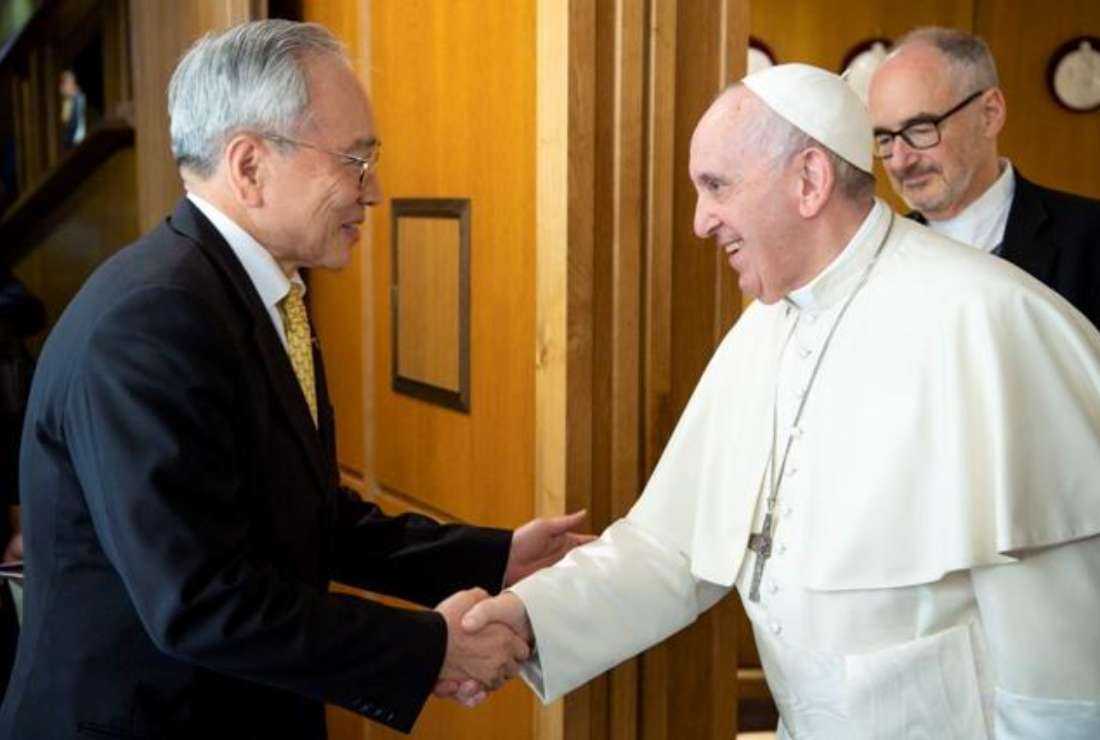 Pope Francis greets Taiwanese ambassador to the Holy See Matthew S.M. Lee during the International Conference on Pastoral Orientation on Human Trafficking in the Vatican in this undated image.