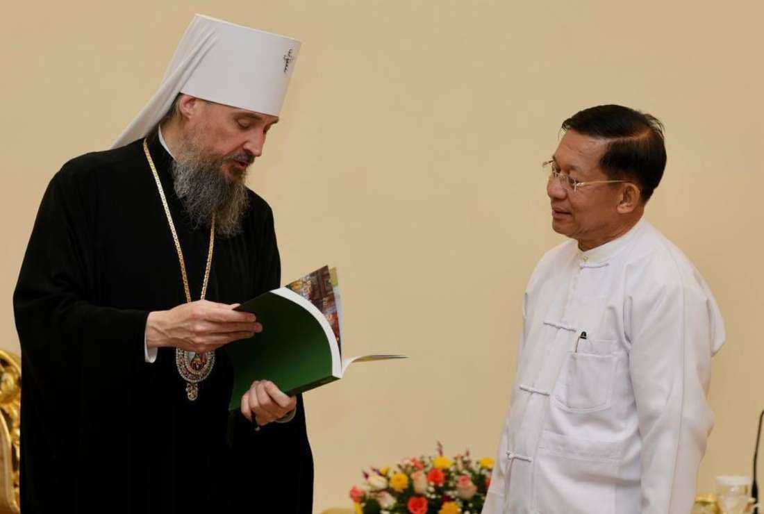 His Eminence Sergiy, a senior Russian Orthodox cleric and Myanmar junta chief Min Aung Hlaing are seen during a meeting in Myanmar capital Naypyidaw in May this year