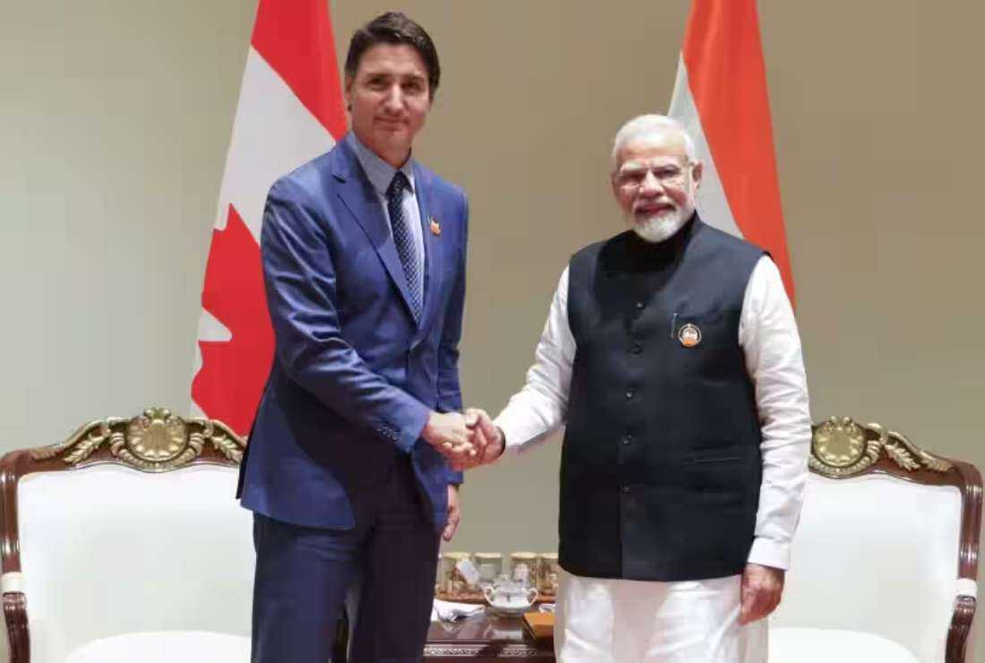 Indian Prime Minister Narendra Modi is seen with Canadian Prime Minister Justin Trudeau on the sidelines of the G20 Summit in New Delhi on Sept 10