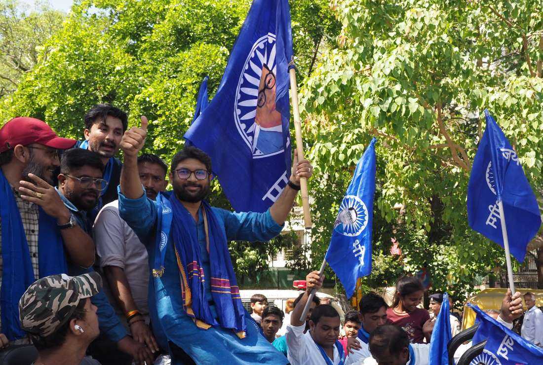 Dalit community leader Jignesh Mevani (center) at a rally in Gujarat on April 14, 2016, to protest against the flogging of Dalit youths for skinning dead cattle in Una village.