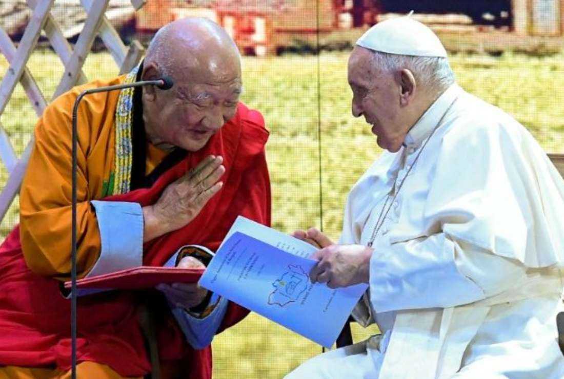 File photo of Pope Francis with a Buddhist leader in Mongolia.