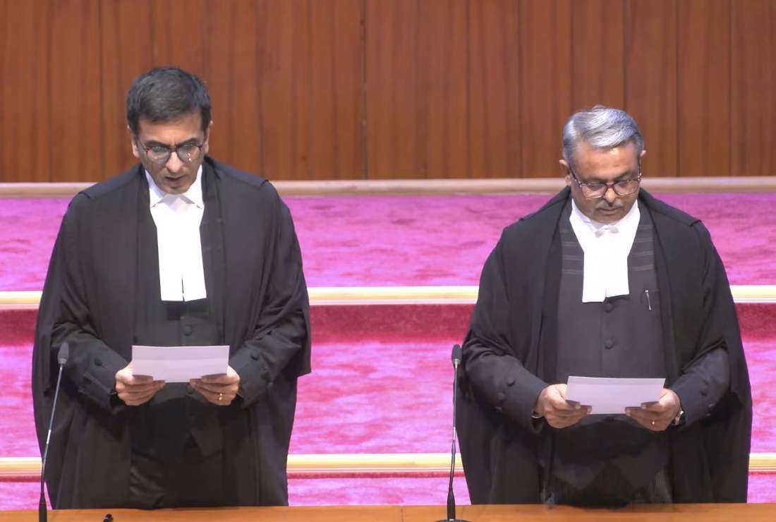 Justice Augustine George Masih (right) was administered oath as a judge in India’s Supreme Court by Chief Justice D. Y. Chandrachud on Nov. 9.