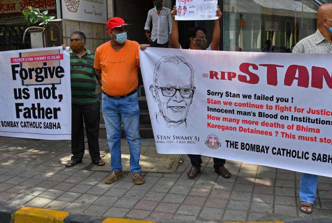 Catholics join a protest in Mumbai, in India after activist and Jesuit priest Stan Swamy, who was detained for nine months without trial under anti-terrorism laws, died on July 5, 2021. Rights groups have accused the Indian government of abusing laws to target rights activists