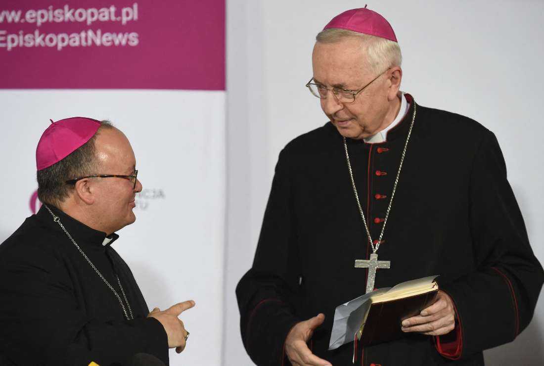 Malta's Archbishop and Vatican expert on pedophilia, Charles Scicluna, talks to Archbishop and head of Polish episcopate Stanislaw Gadecki (right) before a meeting of bishops on child sex abuse scandals on June 14, 2019, in Walbrzych