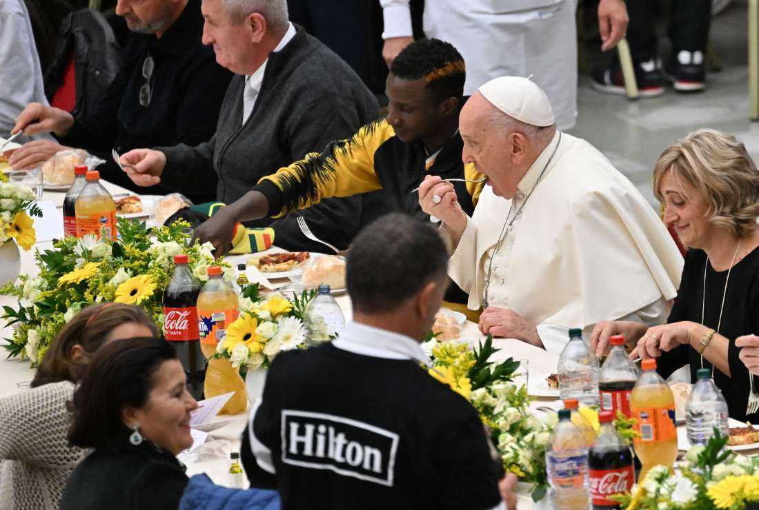 Pope Francis attends a lunch at the Paul VI hall for the World Day of the Poor in The Vatican, on Nov. 19.