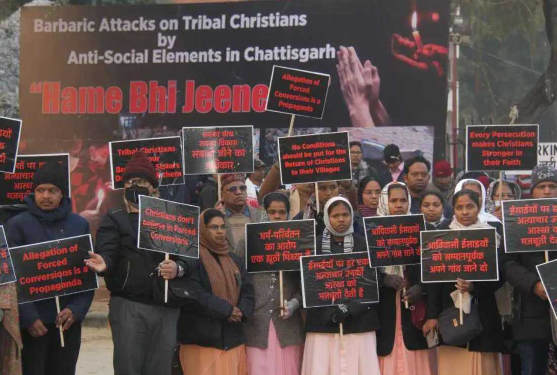 Christians protest against the rising number of hate crimes against them in central Chhattisgarh state, in the national capital New Delhi on Jan. 8, 2023.