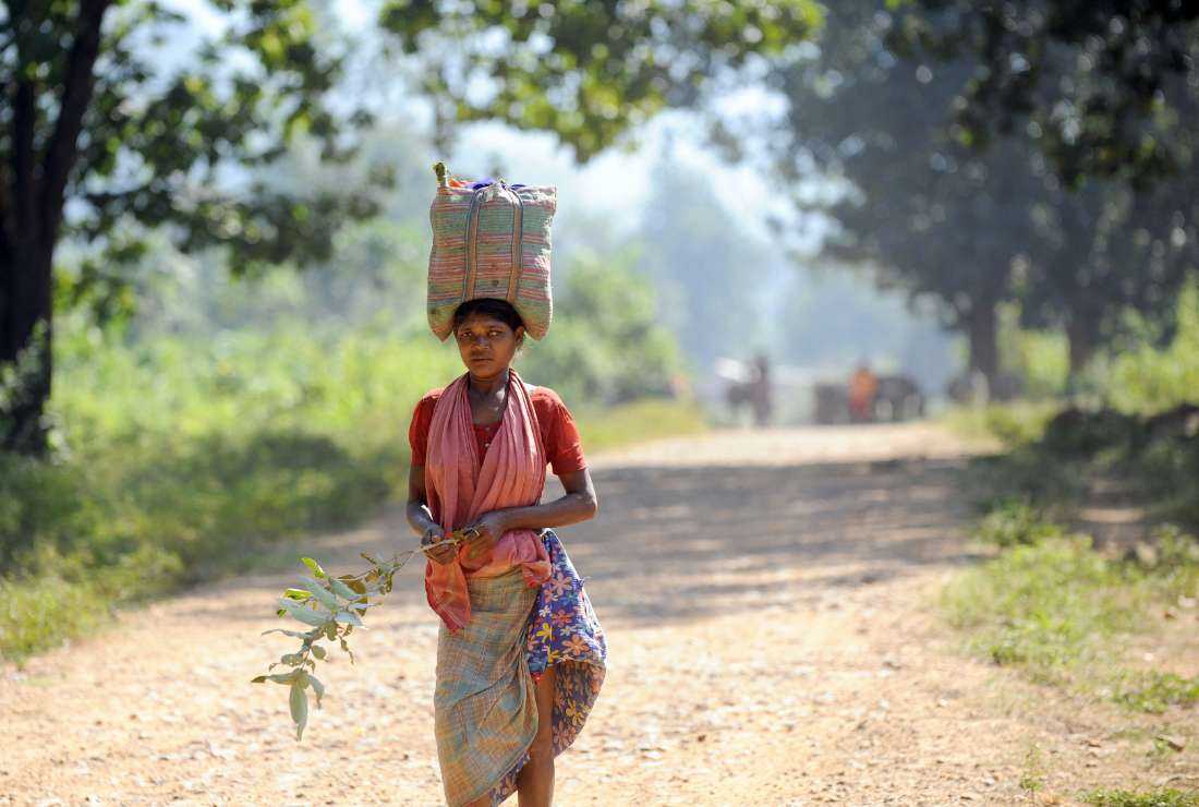 A tribal villager carries food grains to sell at a local market in Chhattisgarh state.  Christian missionaries provide education and health services to tribal people in remote areas of the state.