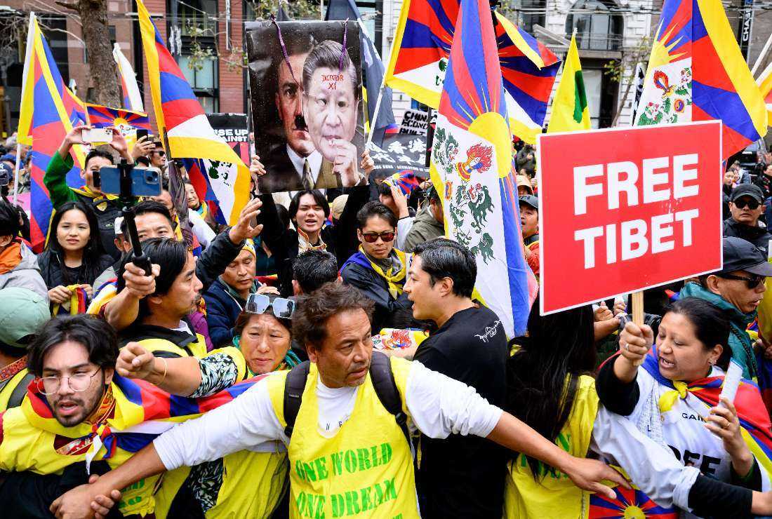 Pro-Tibet protesters confront supporters of Chinese President Xi Jinping during demonstrations at the Asia-Pacific Economic Cooperation (APEC) leaders' week in San Francisco, California, on Nov. 15, 2023. 