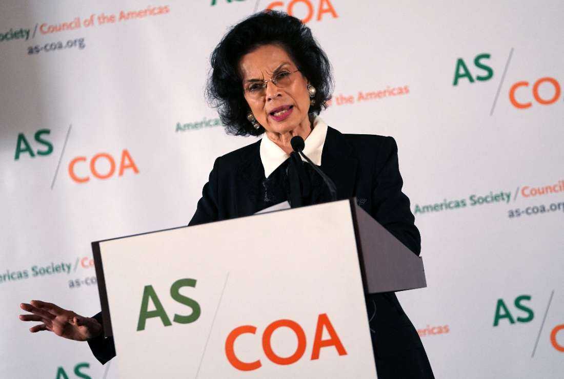 Nicaraguan Human rights defender Bianca Jagger delivers a speech on Sept. 20, 2018, at the Americas Society/Council of the Americas in New York