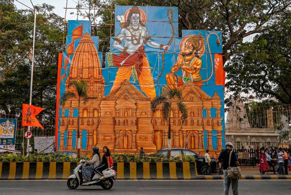 A billboard depicting Hindu deities Ram (left) and Hanuman is displayed along a street in Mumbai on Jan. 17 ahead of the opening of a temple to Lord Ram in the northern Indian city of Ayodhya.