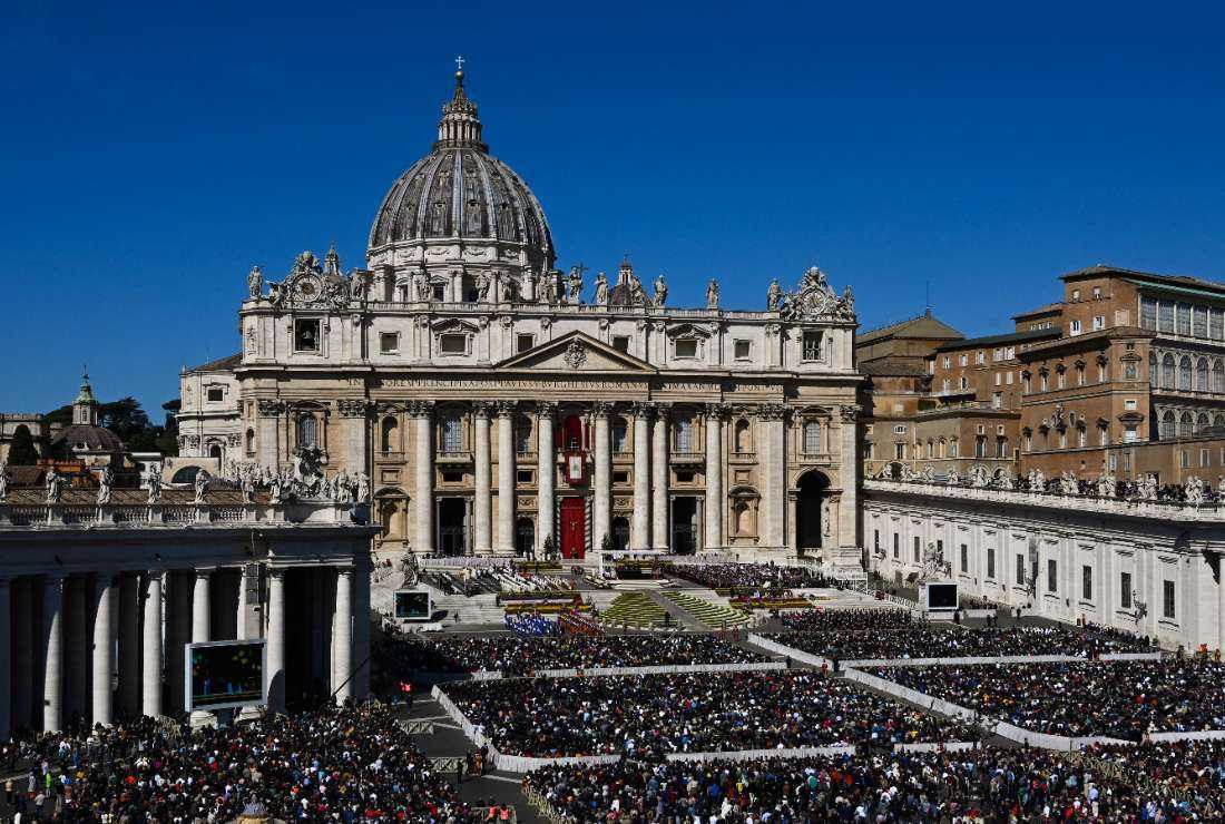A general view shows St. Peters' Basilica and St. Peter's Square during the Pope's Easter Sunday mass on April 9, 2023, as part of celebrations of the Holy Week.