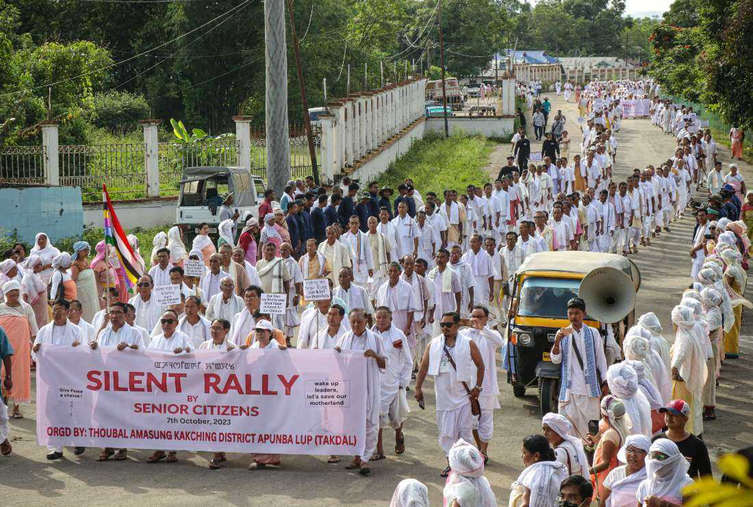 Senior citizens take part in a peace rally to demand restoration of peace in Manipur in the capital Imphal on Oct. 7, 2023. The sectarian unrest has so far claimed the lives of more than 200 people. 