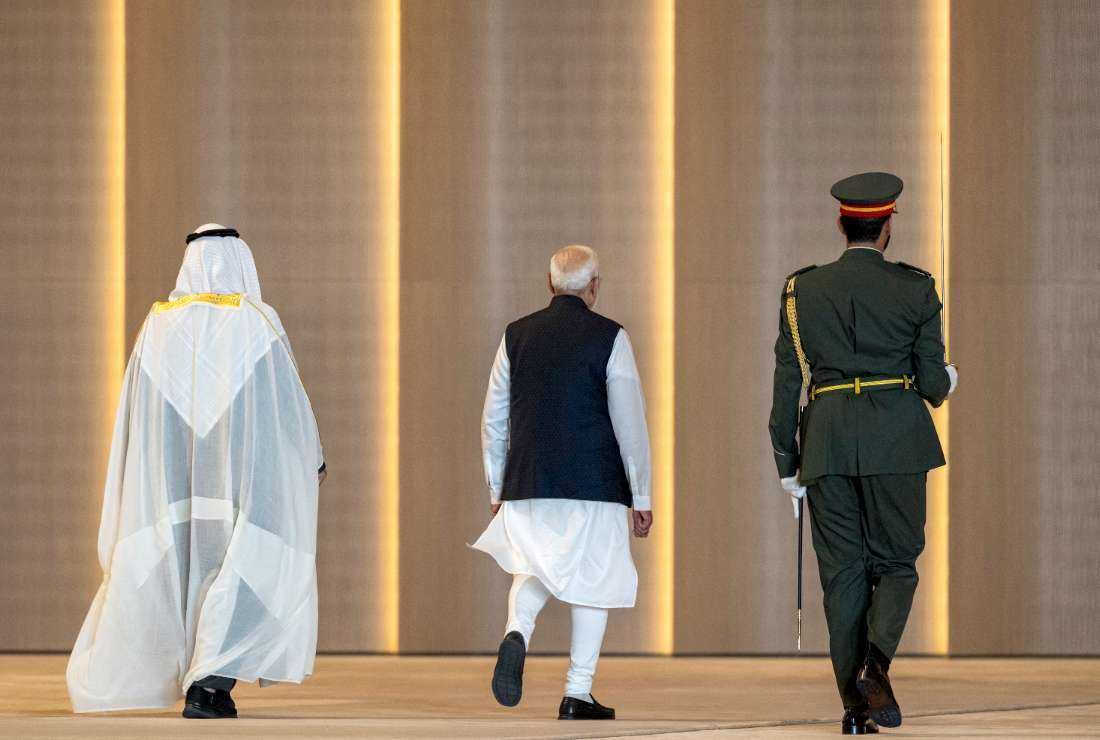 Indian Prime Minister Narendra Modi (center) with UAE President Sheikh Mohamed bin Zayed al-Nahyan (left) inspecting a guard honor during a reception in Abu Dhabi on Feb. 13.