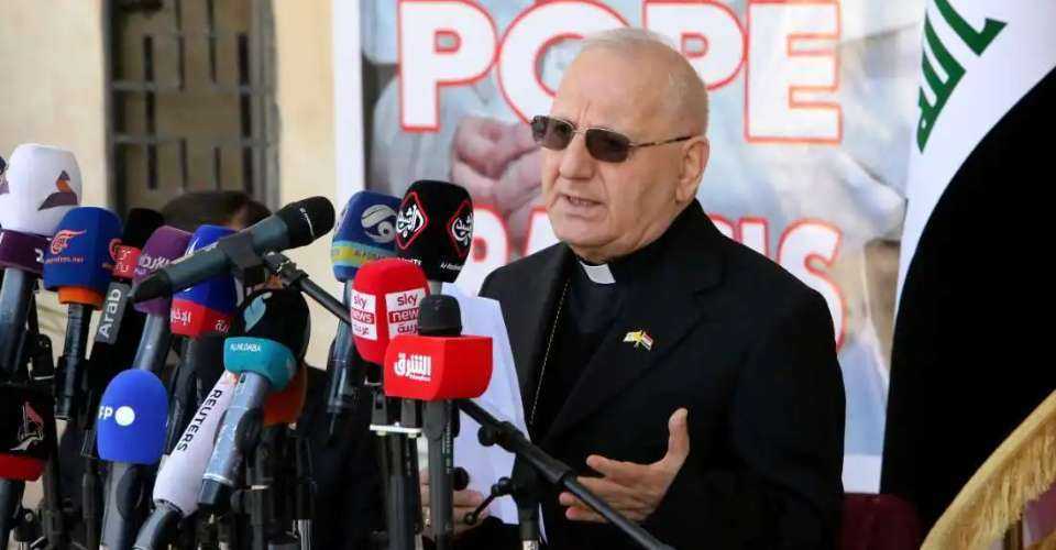 Cardinal Louis Sako, the head of Iraq's Chaldean Catholic Church, addresses a press conference at Baghdad's St. Joseph church on March 3, 2021. 