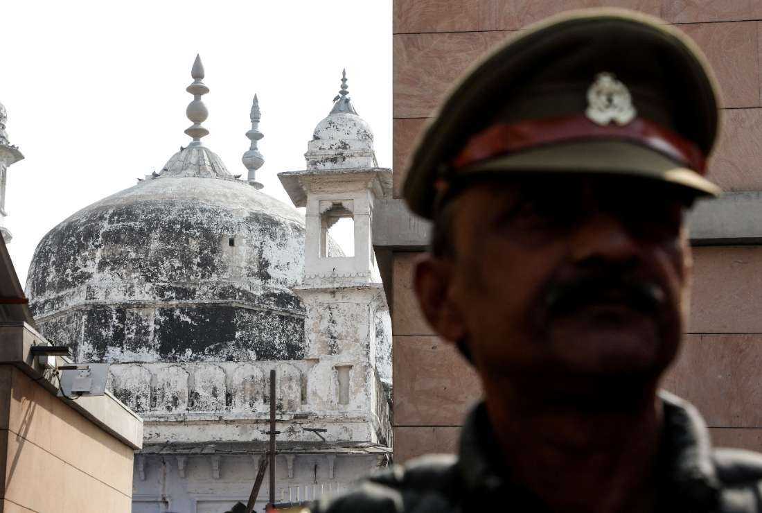 A policeman stands guard near Gyanvapi mosque in Varanasi on Feb. 1. Hindu worshippers began praying inside a disputed mosque in the Indian city of Varanasi just hours after a court order gave them the go-ahead at the deeply sensitive site, media reported.