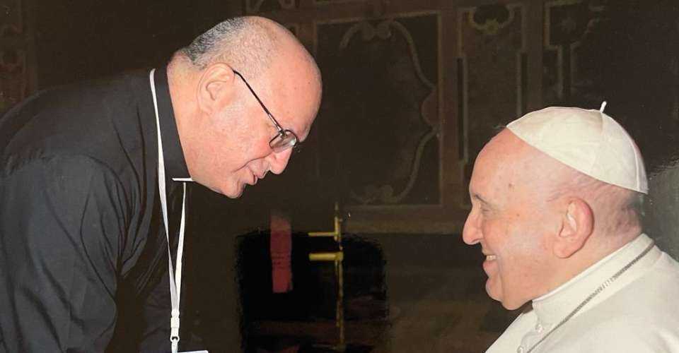 Father Ronaldo Zacharias (left) is pictured with Pope Francis while attending the International Congress of Moral Theology from May 13-14, 2022, at the Vatican City.