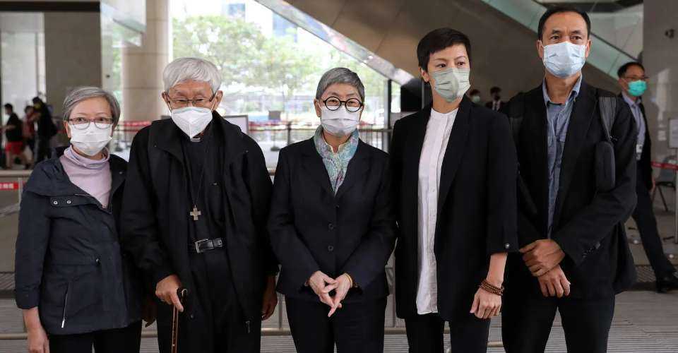 The former trustees of 612 Humanitarian Relief Fund (from left), Cyd Ho, Cardinal Joseph Zen, Margaret Ng, Denise Ho and Hui Po-keung, at West Kowloon Law Courts Building on Nov. 25, 2022. 