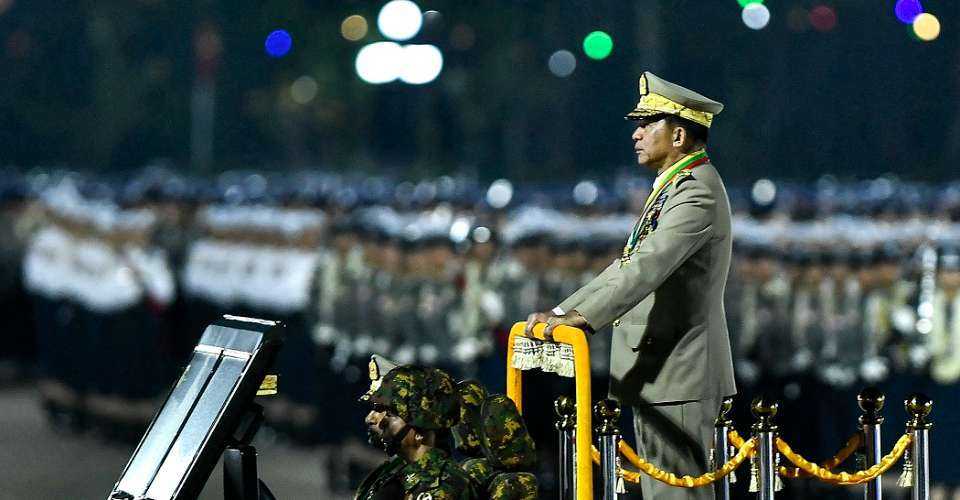 Myanmar's junta chief military Min Aung Hlaing arrives to deliver a speech during a ceremony to mark the country's Armed Forces Day in Naypyidaw on March 27, 2024. Speculation is mounting that Min Aung Hlaing, is under threat following five months of battlefield losses to anti-regime forces.
