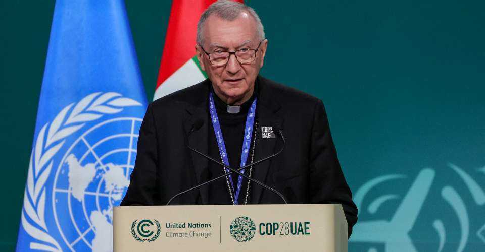 Cardinal Pietro Parolin speaks during the United Nations climate summit in Dubai on Dec. 2, 2023. The Vatican’s secretary of state played a key role in the 2018 Vatican-China secret pact. 